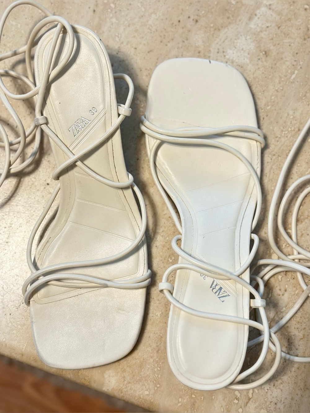 ZARA White Strappy Lace-Up Heeled Sandals